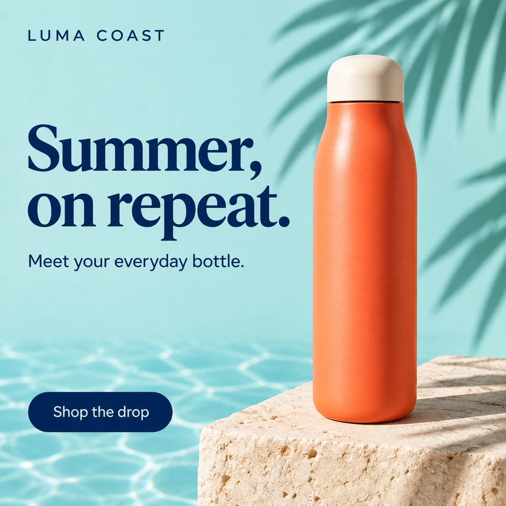 AI 生成的 LUMA COAST 夏季广告:珊瑚色水杯、浅蓝背景及 Summer, on repeat 标题。
