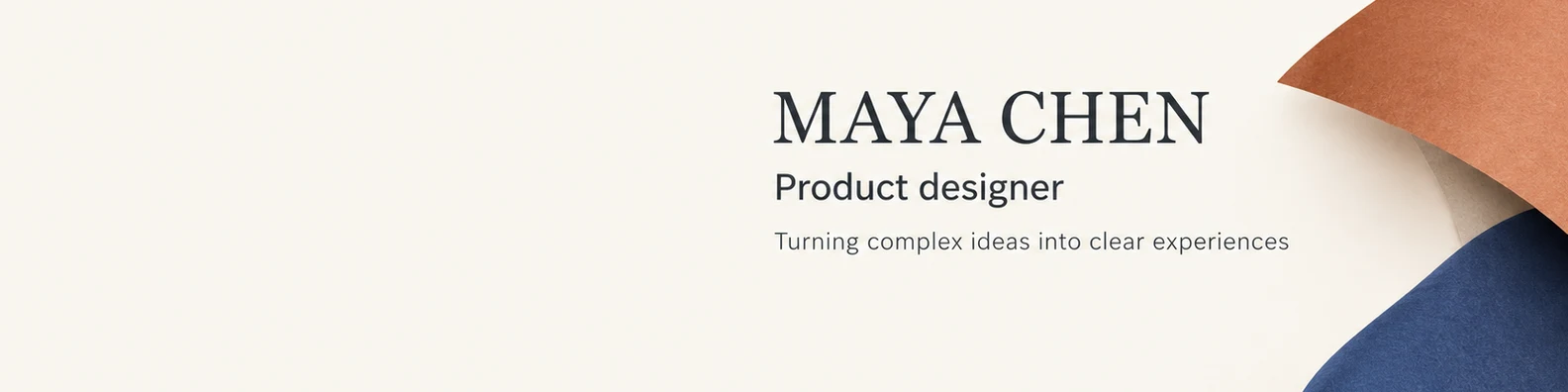 AI 生成的 Maya Chen LinkedIn 封面:产品设计师文字、米白背景与折纸造型。
