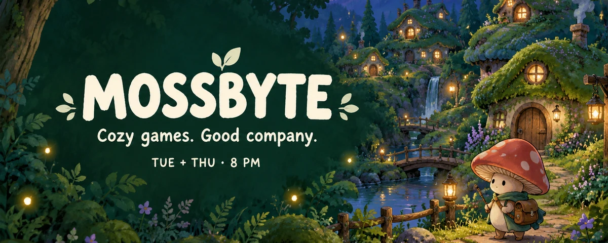AI 生成的 MOSSBYTE Twitch 横幅:温暖森林小屋、米白频道文字和直播时间。