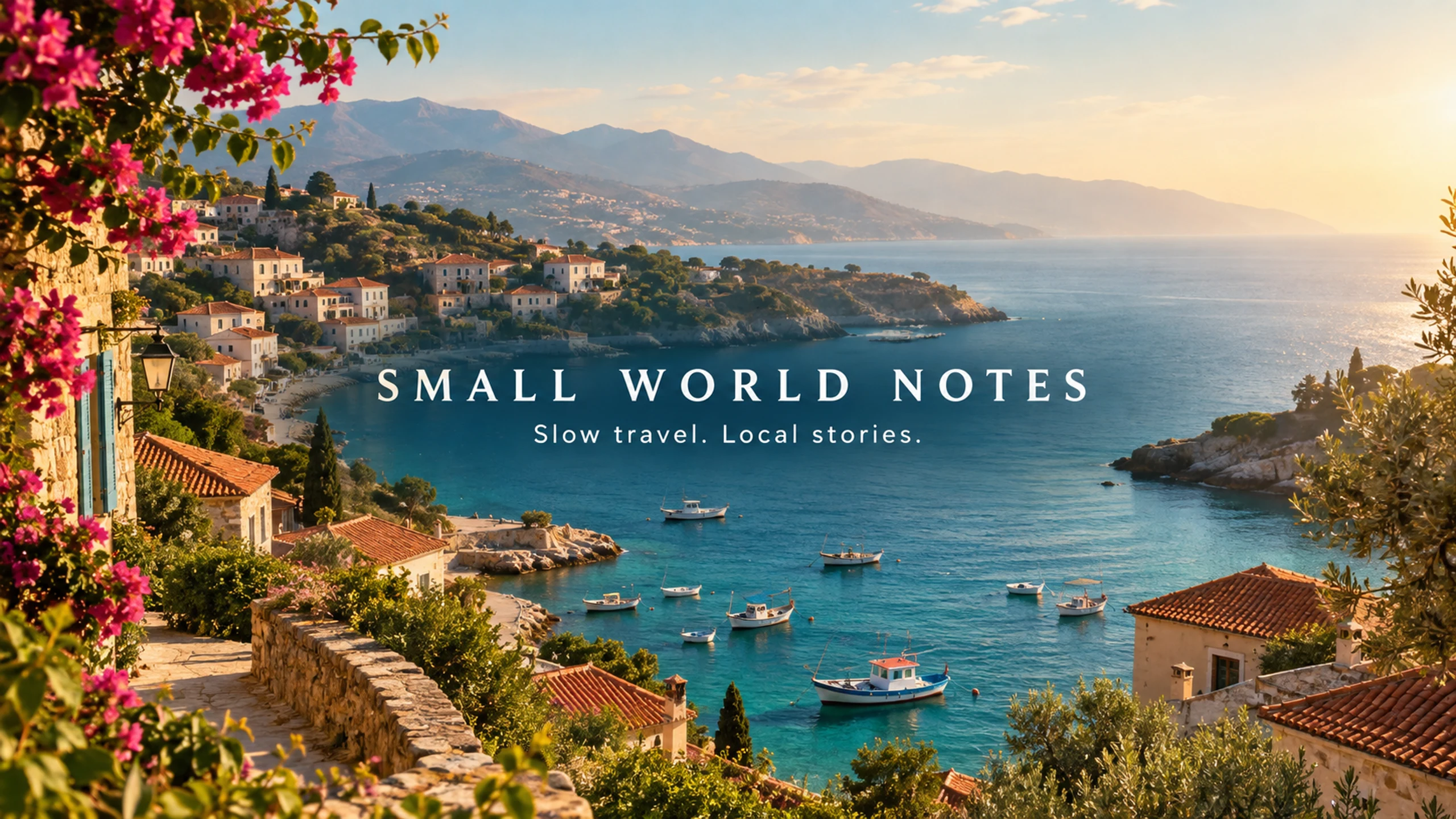 AI-generated SMALL WORLD NOTES YouTube channel art with a coastal village and centered slow-travel channel lettering.